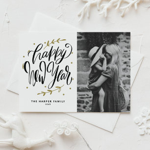 Black Happy New Year Modern Calligraphy Photo Holiday Card