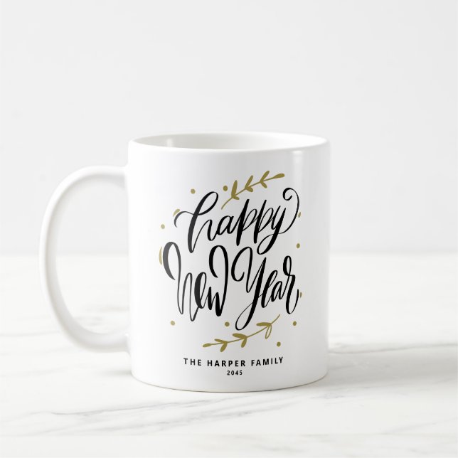 Black Happy New Year Modern Calligraphy Wreath Coffee Mug (Left)