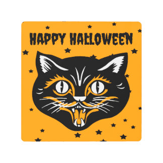Black Happy Vintage Halloween Cat Head Star Orange Metal Print