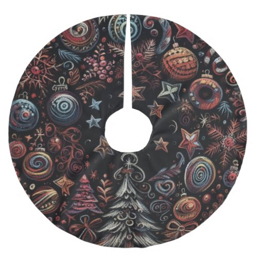 Black Hard Pastels Drawing Christmas Motifs Brushed Polyester Tree Skirt