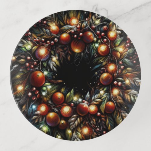 Black Hard Pastels Drawing Christmas Wreath Fruit Trinket Tray