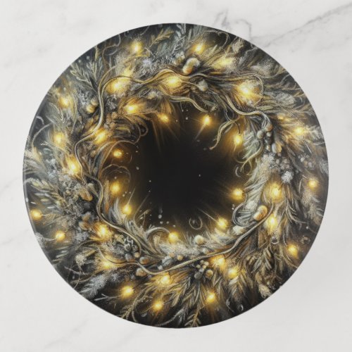 Black Hard Pastels Drawing Christmas Wreath Yellow Trinket Tray