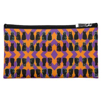 Black Harlequin Cats Purple & Orange Makeup Bag