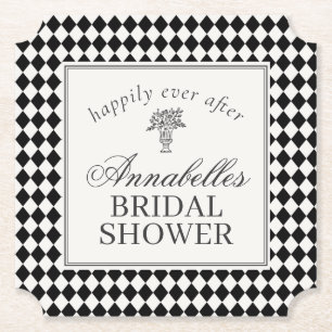 Black Harlequin Checkered Bridal Shower Paper Coaster