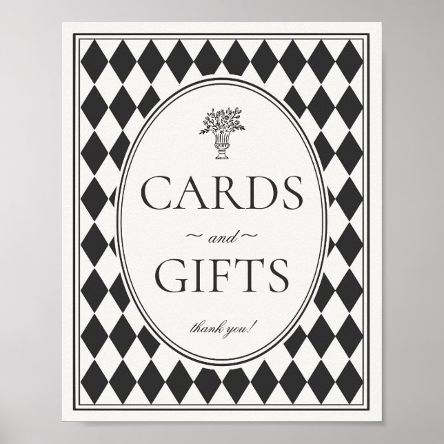 Black Harlequin Checkered Cards and Gifts Sign (Front)