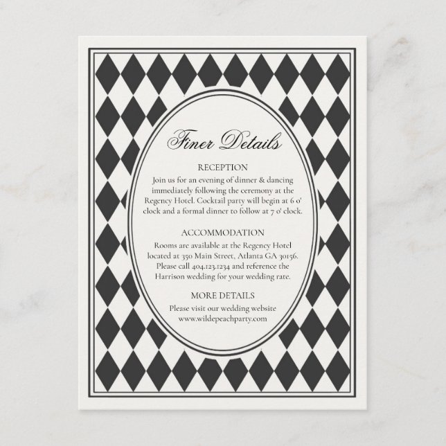 Black Harlequin Checkered Finer Details Wedding Enclosure Card (Front)
