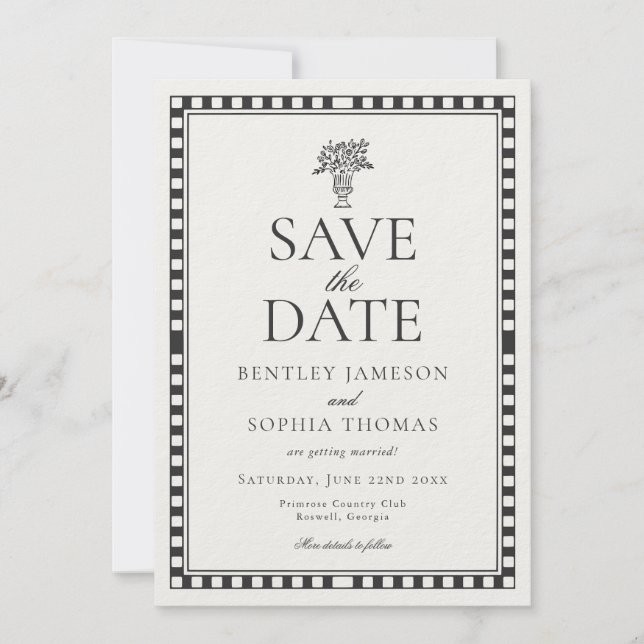 Black Harlequin Checkered Save the Date Invitation (Front)