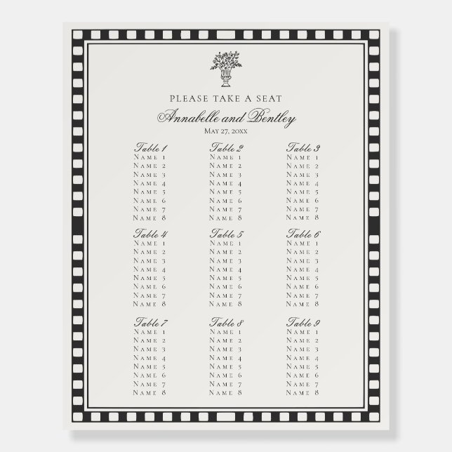 Black Harlequin Checkered Wedding Seating Chart Foam Board (Front)