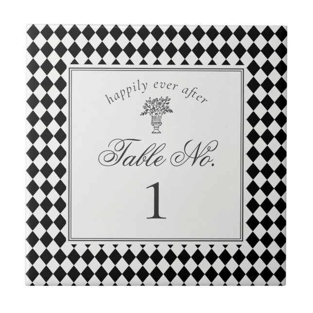 Black Harlequin Checkered Wedding Table Number Ceramic Tile (Front)