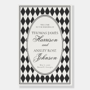 Black Harlequin Checkered Wedding Welcome Foam Board