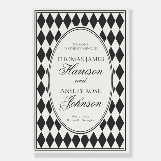 Black Harlequin Checkered Wedding Welcome Foam Board (Front)