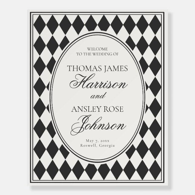 Black Harlequin Checkered Wedding Welcome Foam Board (Front)