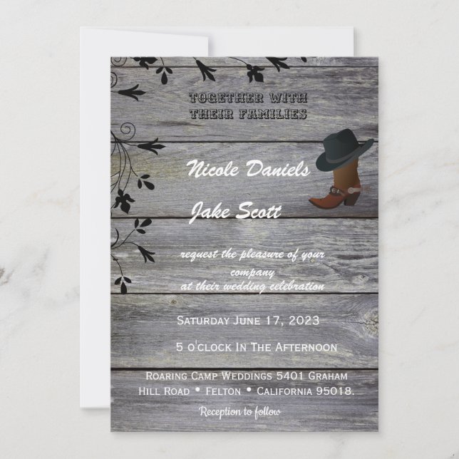 Black Hat and Cowboy Boot Classic Rustic Wedding Invitation (Front)