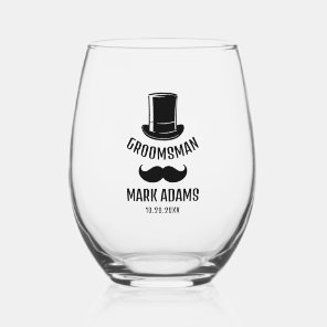 Black Hat Mustache Gentleman Vintage Groomsmen Stemless Wine Glass