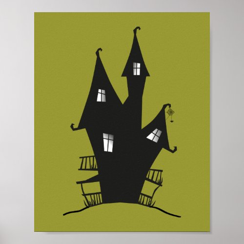 Black Haunted House on a swamp green background Poster