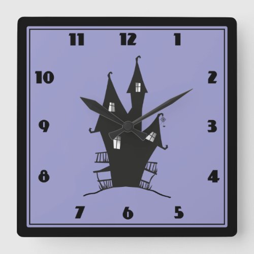 Black Haunted House on Purple Background Square Wall Clock