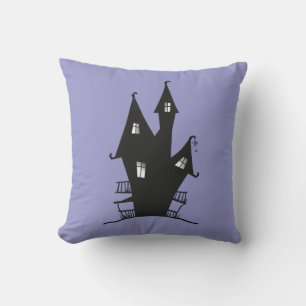 Black Haunted House on Purple Background Throw Pillow