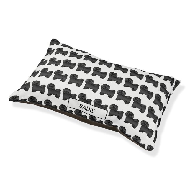 Black Havanese Cute Cartoon Dog & Custom Name Pet Bed (Angled)