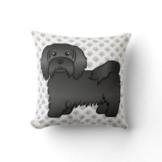 Black Havanese Cute Cartoon Dog &amp; Paws Throw Pillow