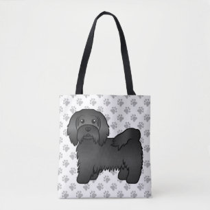 Black Havanese Cute Cartoon Dog & Paws Tote Bag