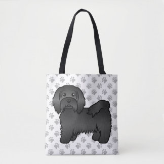 Black Havanese Cute Cartoon Dog &amp; Paws Tote Bag