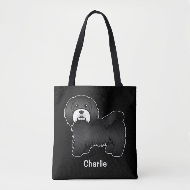 Black Havanese With White Mustache And Custom Text Tote Bag (Front)