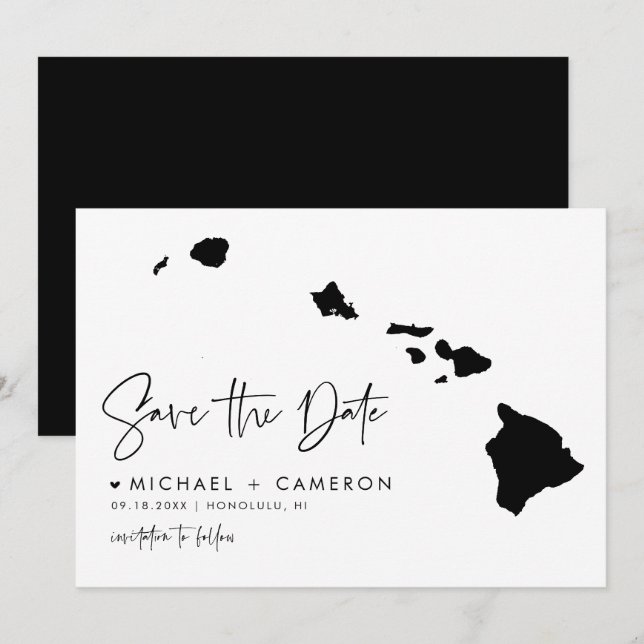 Black Hawaii Map Modern Minimalist Script Save The Date (Front/Back)
