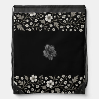 Black Hawthorn Floral Boundary Design Drawstring Bag