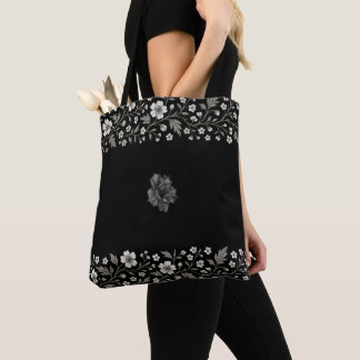 Black Hawthorn Floral Boundary Design Tote Bag