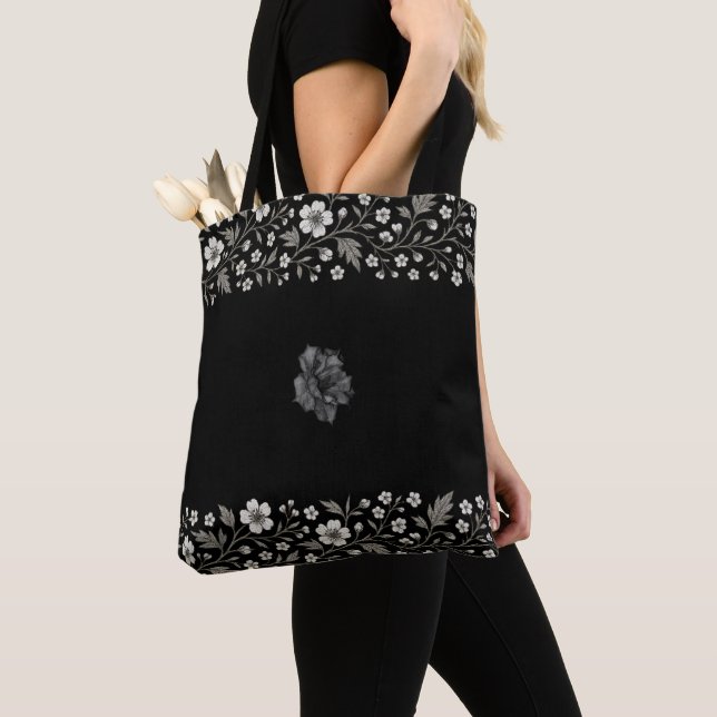 Black Hawthorn Floral Boundary Design Tote Bag (Close Up)