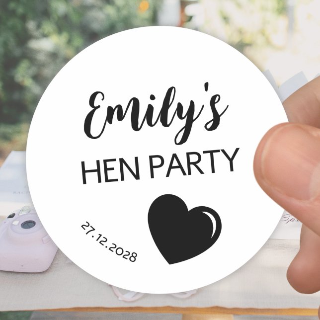 Black Heart Bachelorette Hen Party Classic Round Sticker (Creator Uploaded)