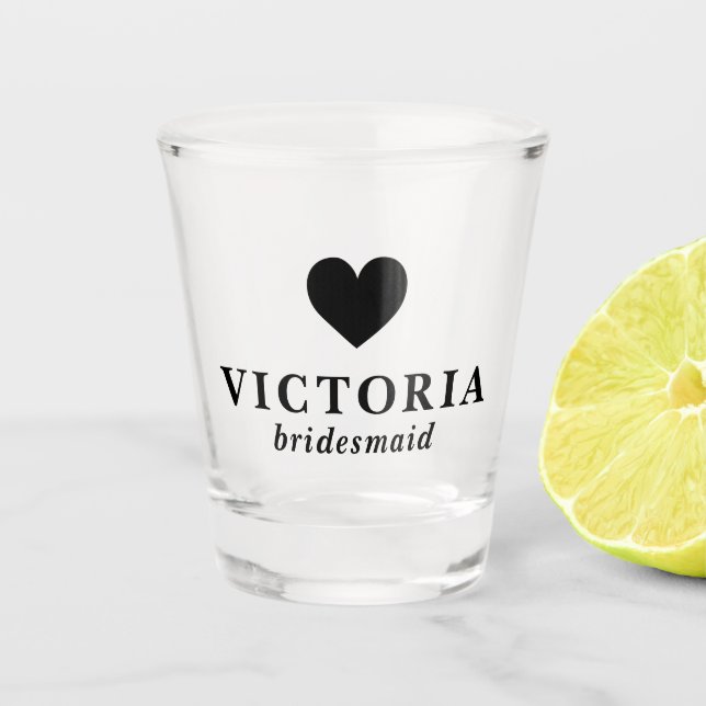 Black Heart Bridesmaid Personalized Wedding Shot Glass (Front)