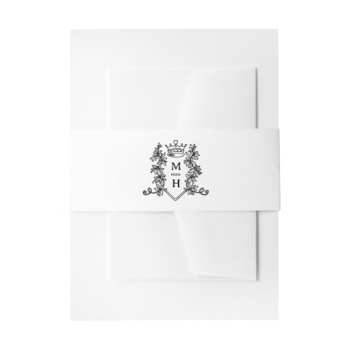 Black heart crown crest monogram on white wedding invitation belly band