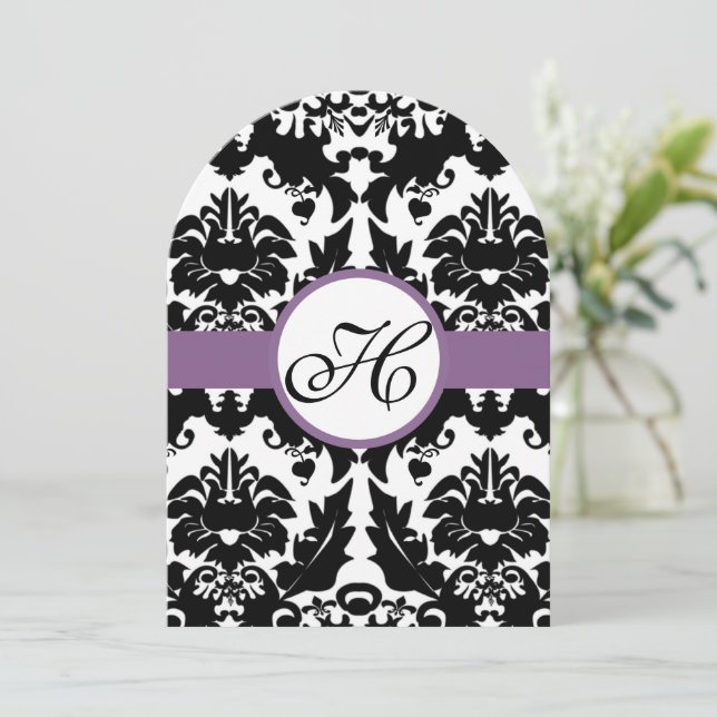 Black Heart Damask Purple Trim Wedding Invitation (Standing Front)
