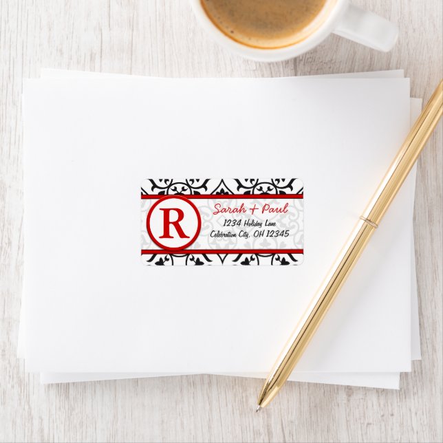 Black Heart Damask Red Font Return Address Label (Insitu)
