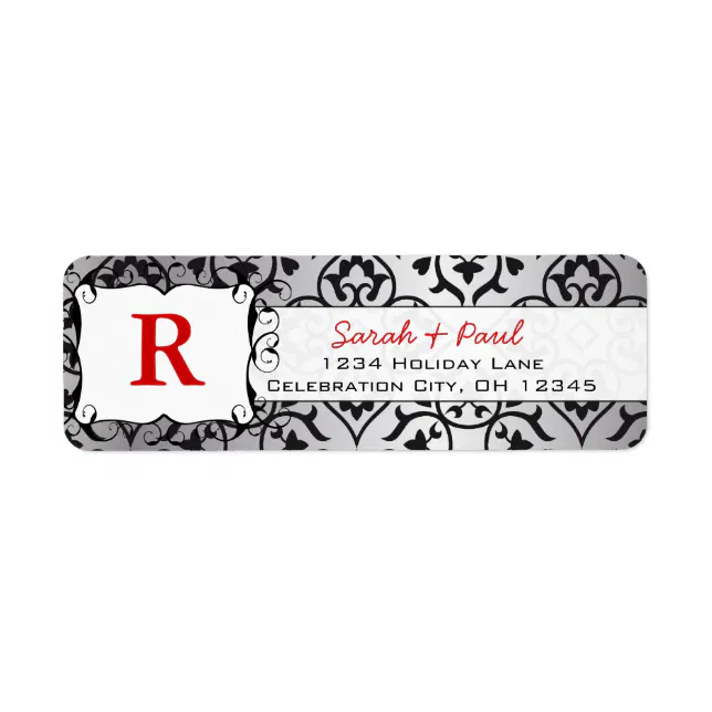 Black Heart Damask Red Font Return Address Label Zazzle
