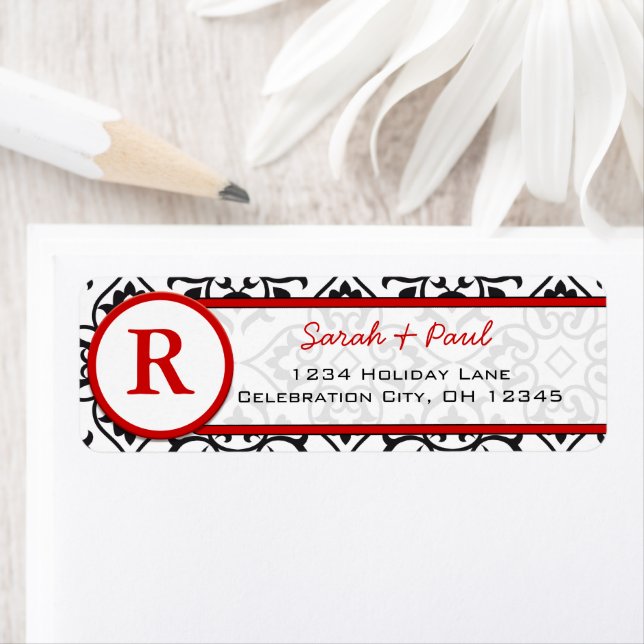 Black Heart Damask Red Font Return Address Label (Insitu)