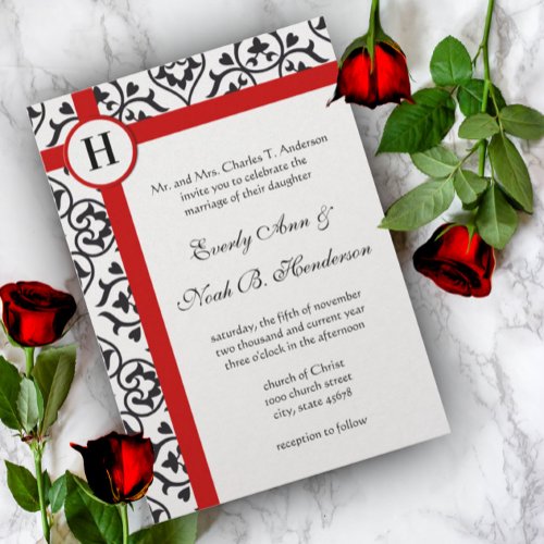 Elegant Damask Side Borders Red Trim Wedding Personalized Announcement