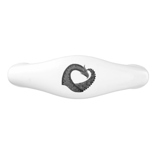 Black heart dragon on white ceramic drawer pull (Front)