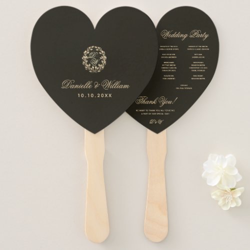 Black Heart Gold Wreath Monogram Wedding Program Hand Fan