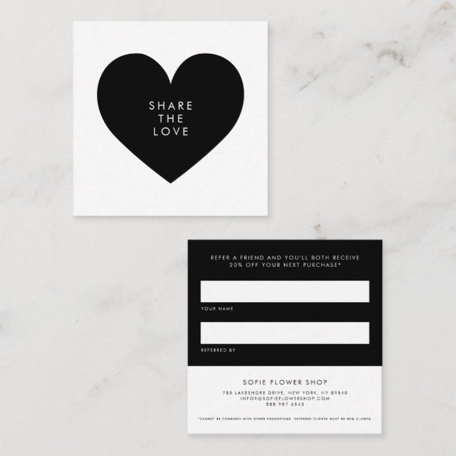 Black Heart Minimalist Share the Love Business Referral Card (Front/Back)