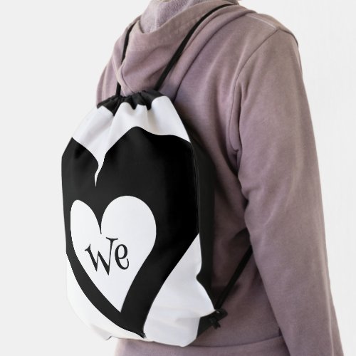 Black Heart on Heart with text Drawstring Bag