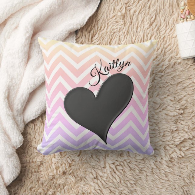 Black Heart on Ombre Chevron Stripe Throw Pillow (Blanket)