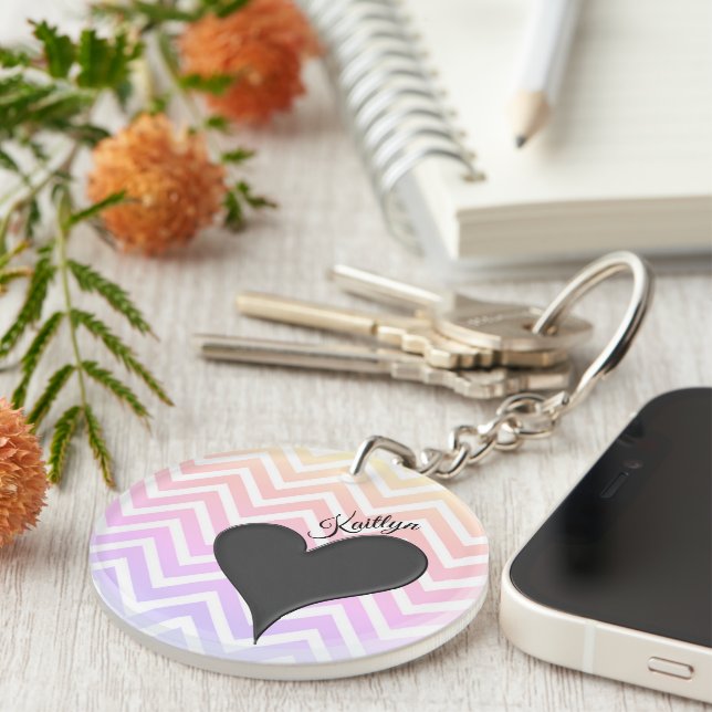 Black Heart on Ombre Chevron Stripe with Name Keychain (Front Right)