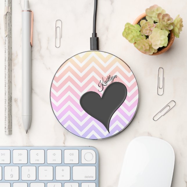 Black Heart on Ombre Chevron Stripe with Name Wireless Charger (Desk)