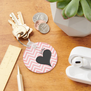 Black Heart on Pink Chevron Stripe with Name Keychain