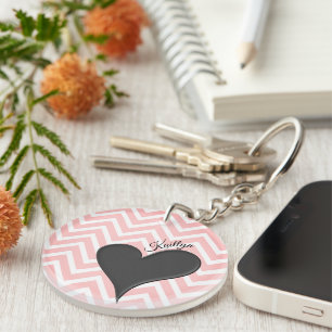 Black Heart on Pink Chevron Stripe with Name Keychain
