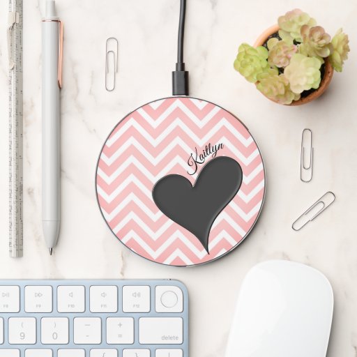 Black Heart on Pink Chevron Stripe with Name Wireless Charger