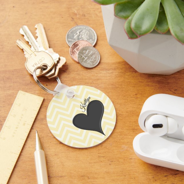 Black Heart on Yellow Chevron Stripe with Name Keychain (Desk)