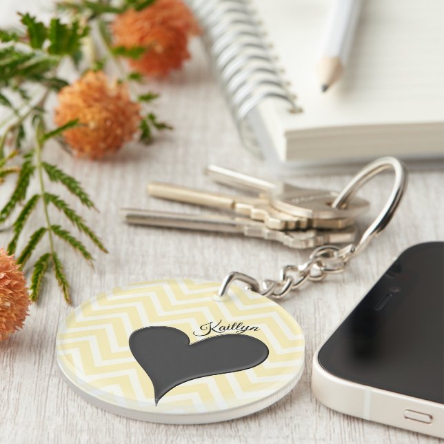 Black Heart on Yellow Chevron Stripe with Name Keychain (Front Right)